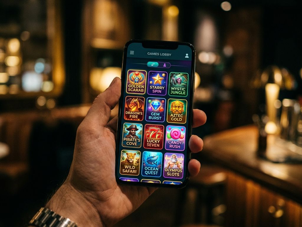 Smartphone displaying casino lobby with slot game thumbnails